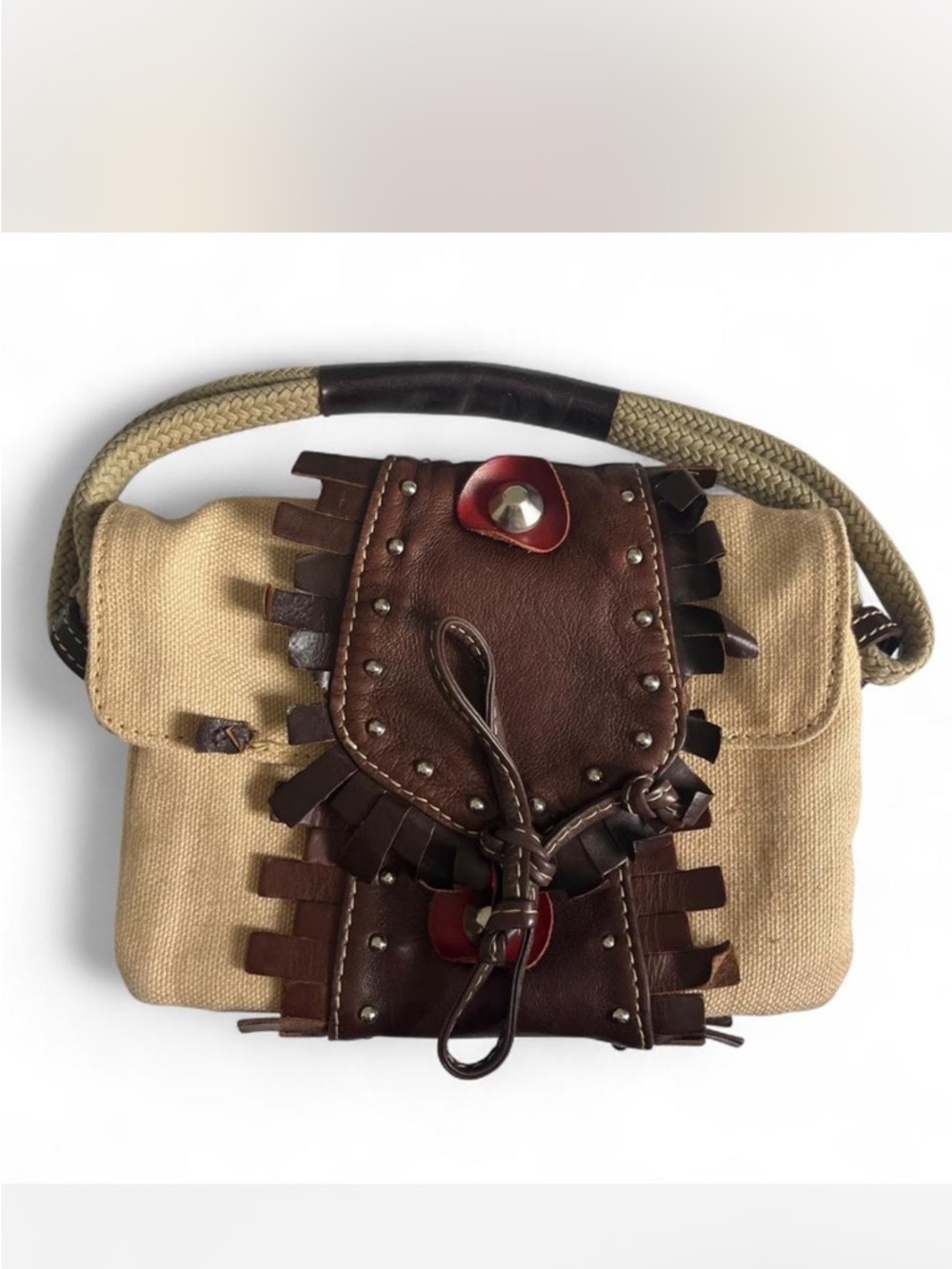 Sonia Rykiel Beige and Brown Leather Fringe Canvas Shoulder Bag